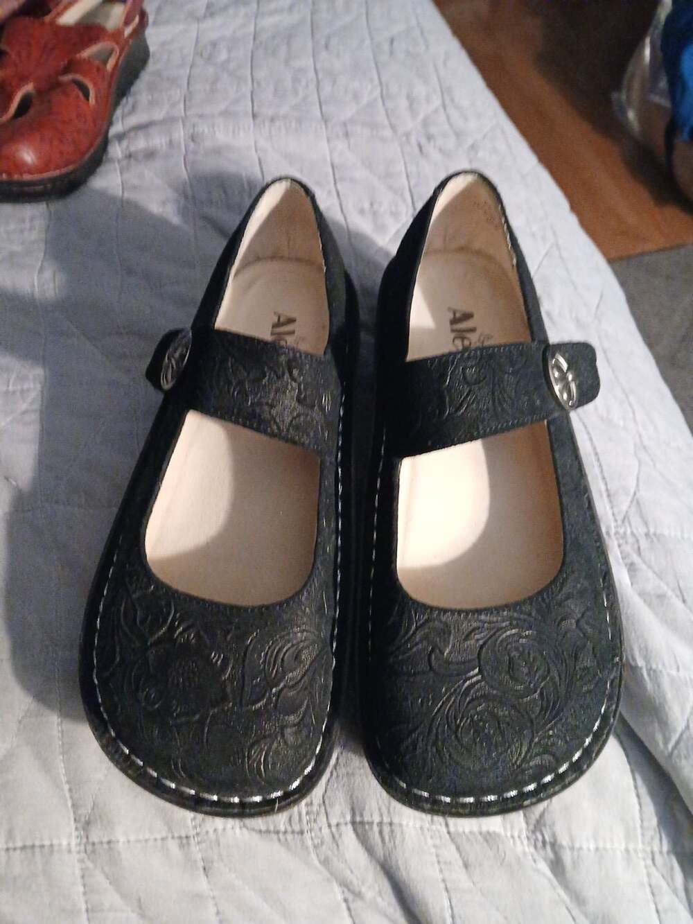Alegria Paloma Black Embossed Floral Leather Mary Jane Clogs